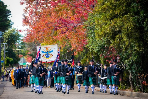 Blue Mountains Pipe Band marching together beneath colourful autumn trees